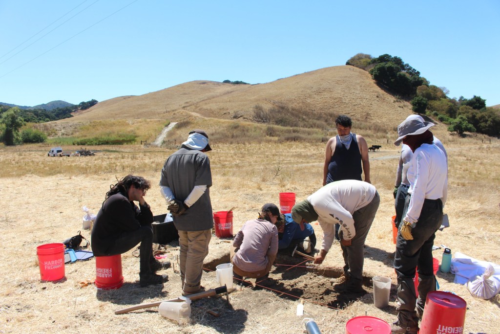 In July, members of the Amah Mutsun Tribal Band joined archaeology students in a dig to uncover the long-lost adobe of Manuel Larios, a site where some of the tribe’s ancestors may have once worked. Photo by Juan Pablo Pérez Burgos.