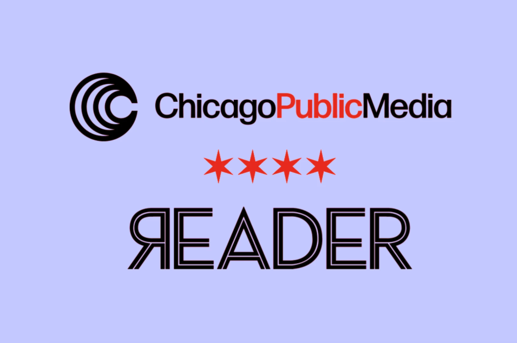 Chicago Public Media and Reader logos on a purple background, separated by Chicago flag stars.